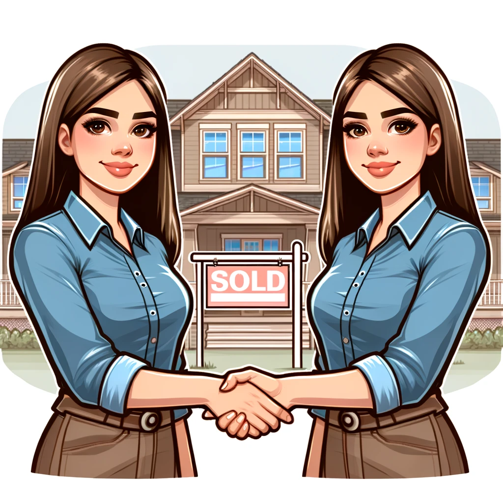 Illustration of identical twin sisters concluding a real estate transaction, shaking hands in front of a house with a 'Sold' sign, highlighting a family-based property deal as a non arm's length transaction.