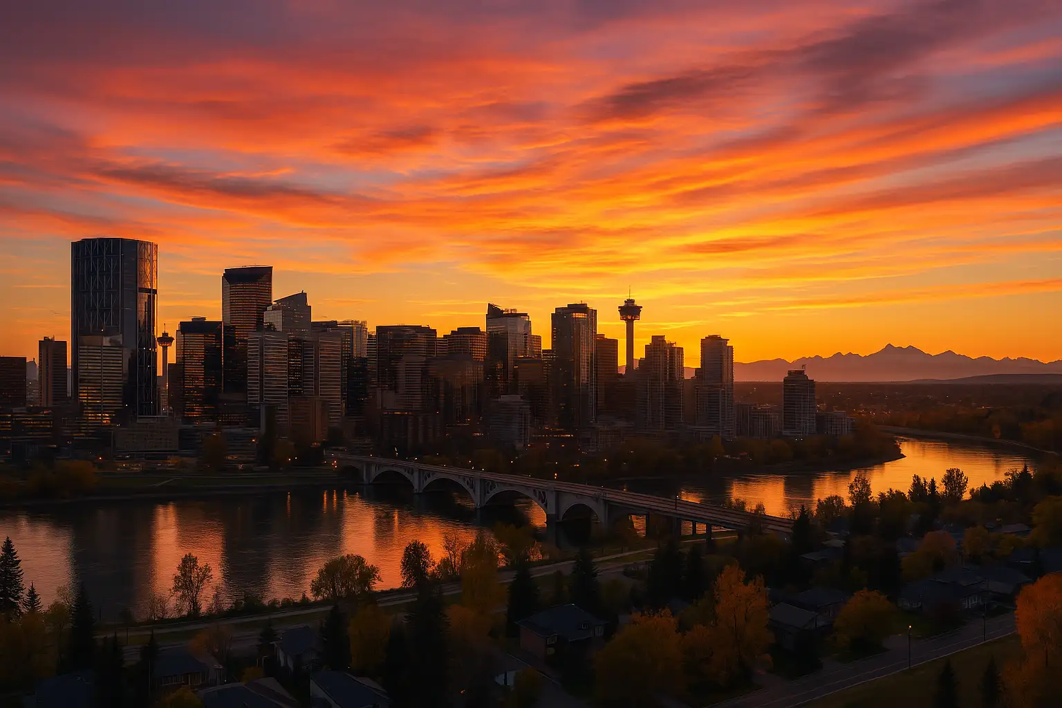 A hyper-realistic sunset over Calgary, Alberta, featuring the Calgary Tower, modern skyline, Bow River, arched bridge, and the distant Rocky Mountains.