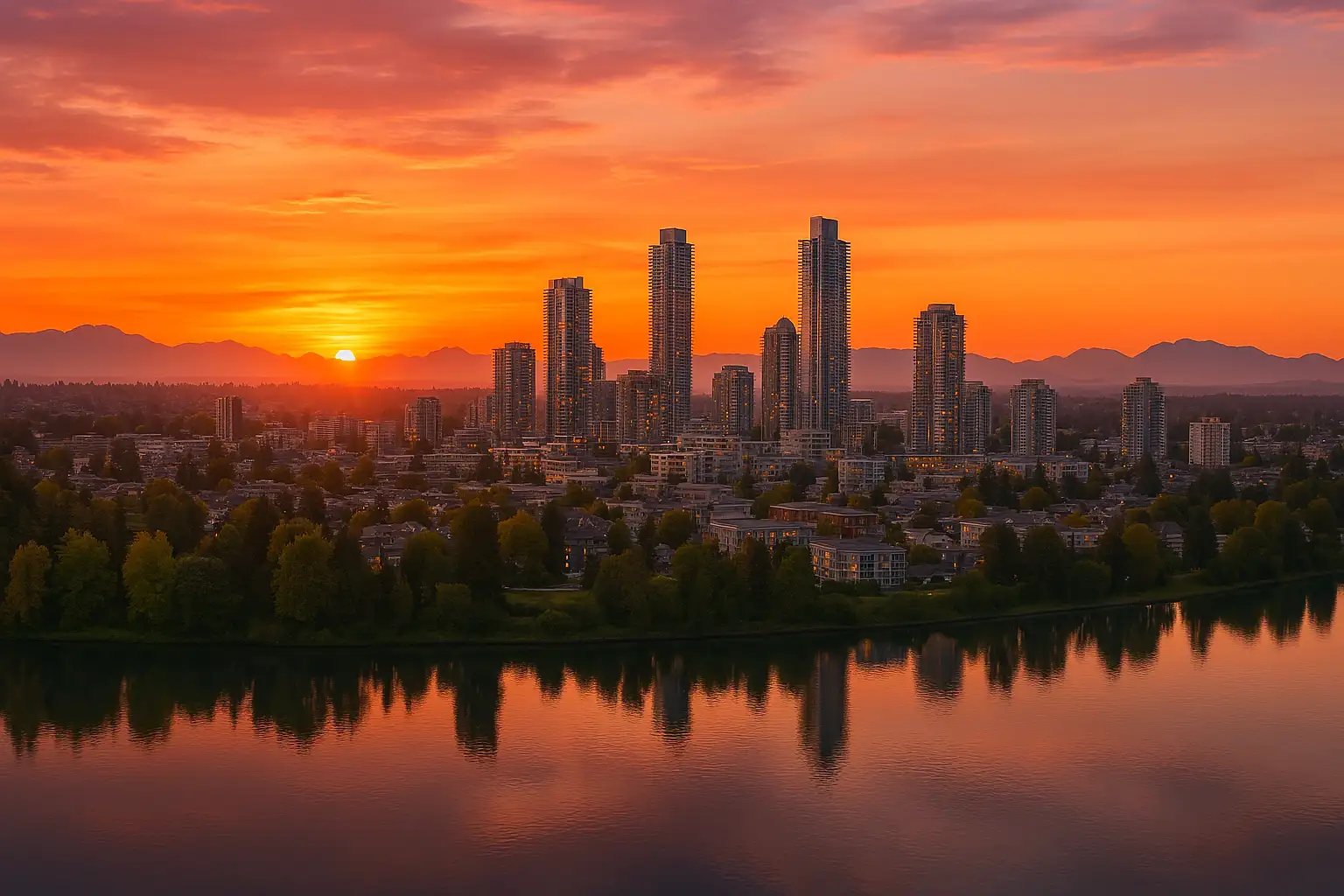 A hyper-realistic sunset over Burnaby, BC, with golden light reflecting off modern high-rises, tranquil water, green spaces, and silhouetted mountains.