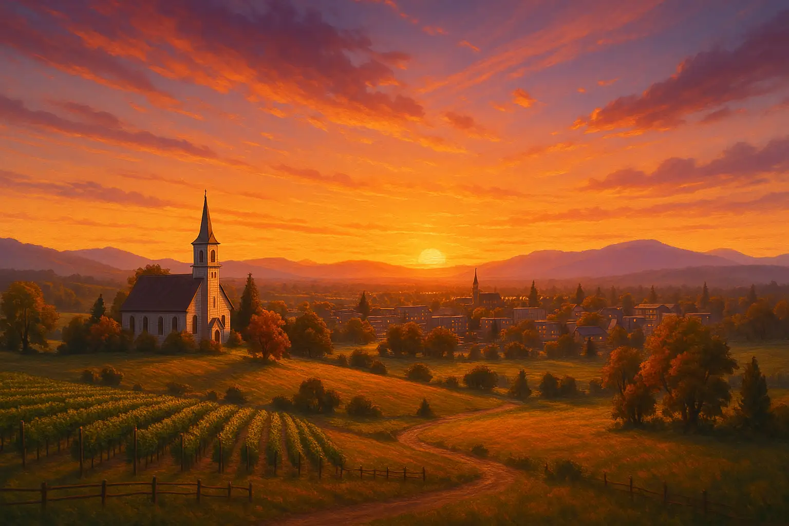 A stunning sunset over Langley, British Columbia, showcasing rolling hills, vineyards, and a charming townscape, symbolizing community and opportunity.