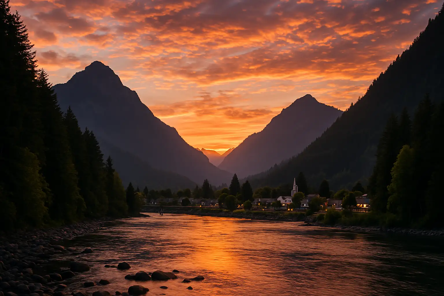 A hyper-realistic sunset over Hope, BC, with a river winding through a lush valley, surrounded by forested mountains and a peaceful small-town landscape.