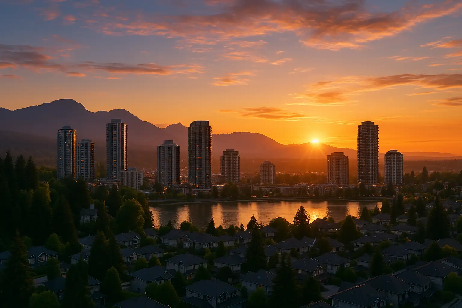 A sunset over Coquitlam, BC, featuring city buildings, forested areas, and mountains reflected in a calm body of water.