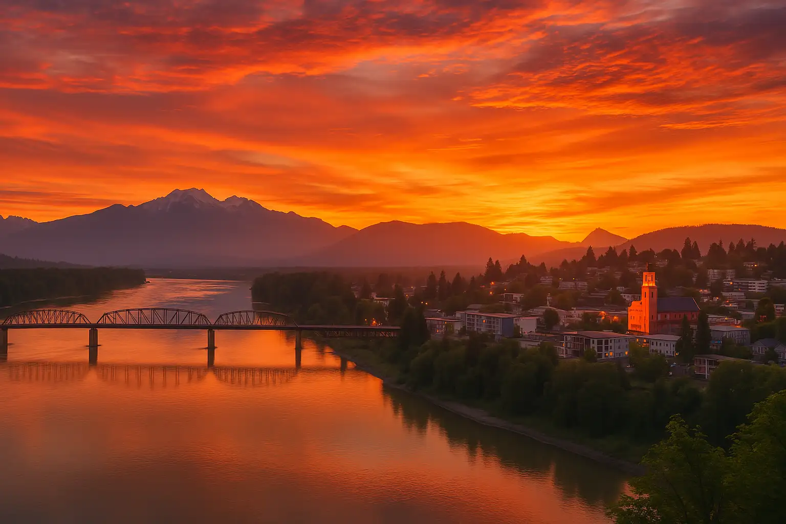 A vivid sunset over Mission, British Columbia, featuring the Fraser River reflecting fiery skies, a steel truss bridge, and a red church nestled among the town’s architecture, all set against a backdrop of snow-capped mountains.