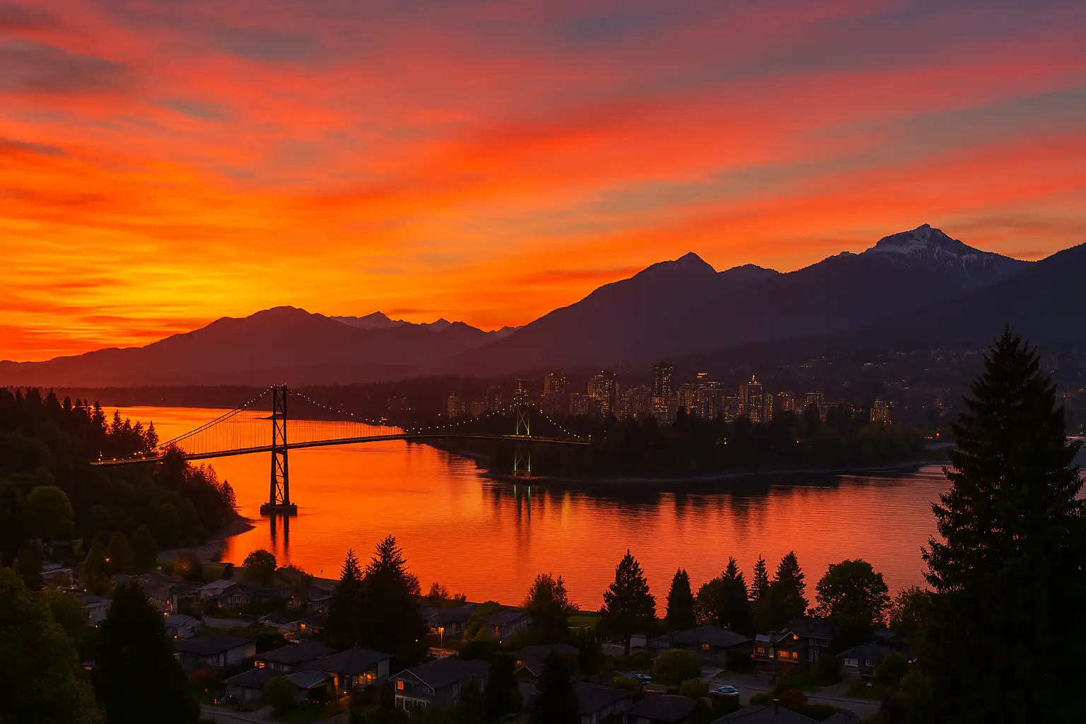 A breathtaking sunset over North Vancouver, BC, featuring Burrard Inlet, Lions Gate Bridge, lush trees, and the snow-capped North Shore Mountains.