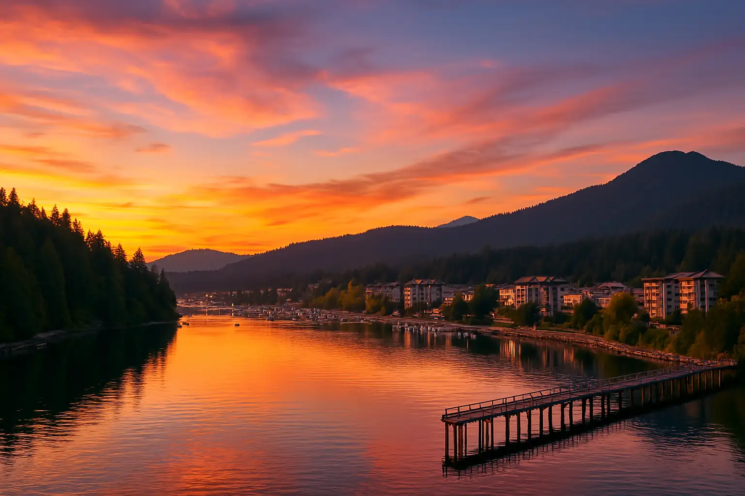 A golden sunset over Port Moody, British Columbia, with a tranquil lake reflecting the sky, a wooden pier, and forested hills surrounding the peaceful town.