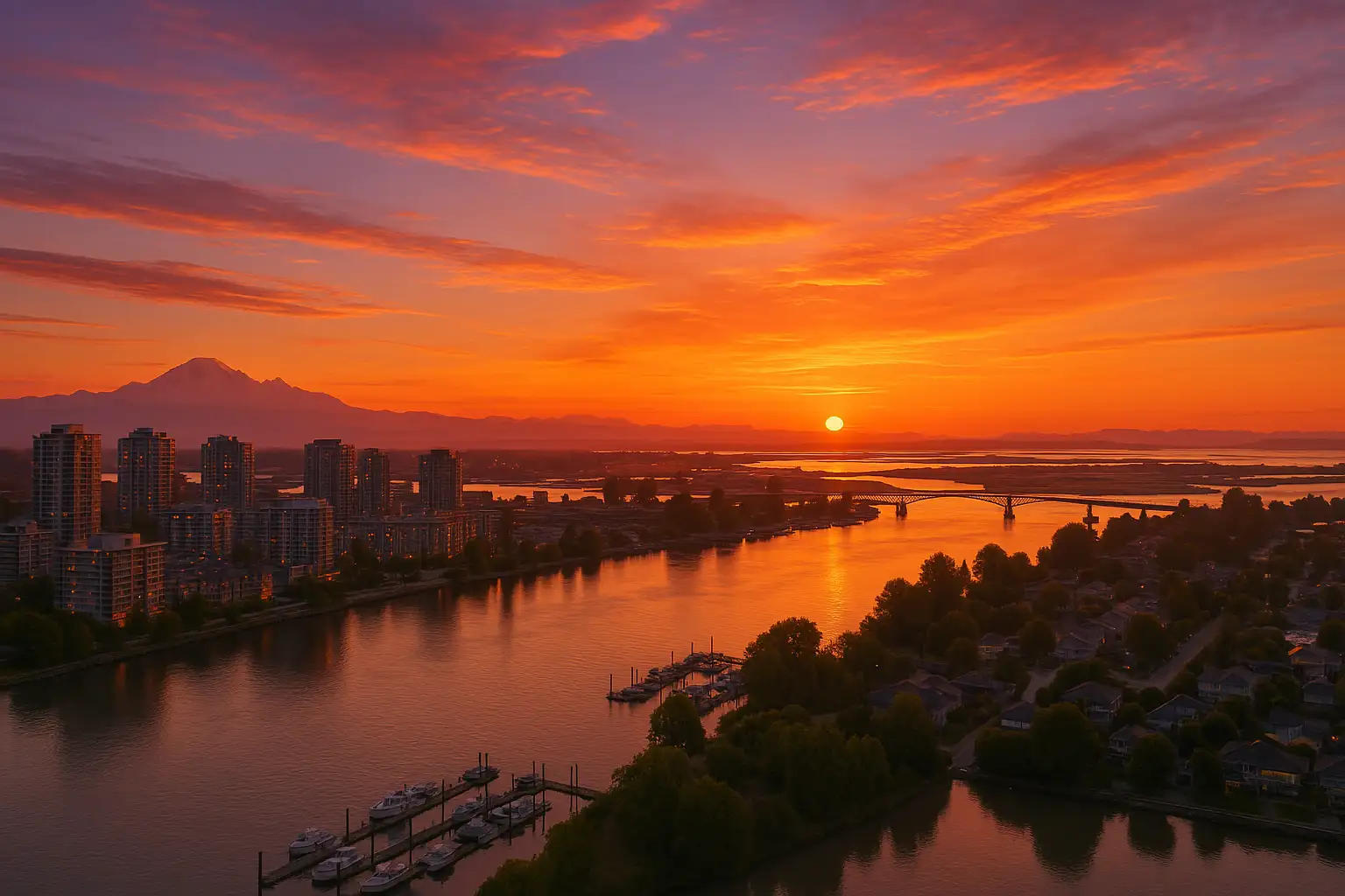 A hyper-realistic sunset over Richmond, BC, with vibrant reflections on the Fraser River, modern waterfront buildings, marina docks, and distant mountains.