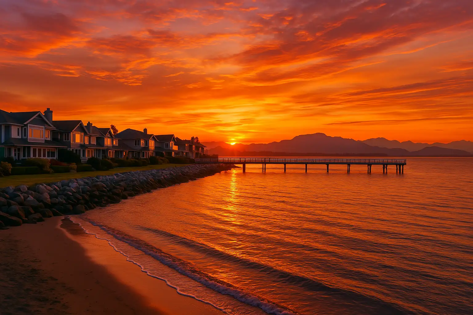 A vibrant sunset over Tsawwassen, BC, with a sandy beach, rocky breakwater, coastal homes, and a white pier leading toward the Strait of Georgia and distant mountains.