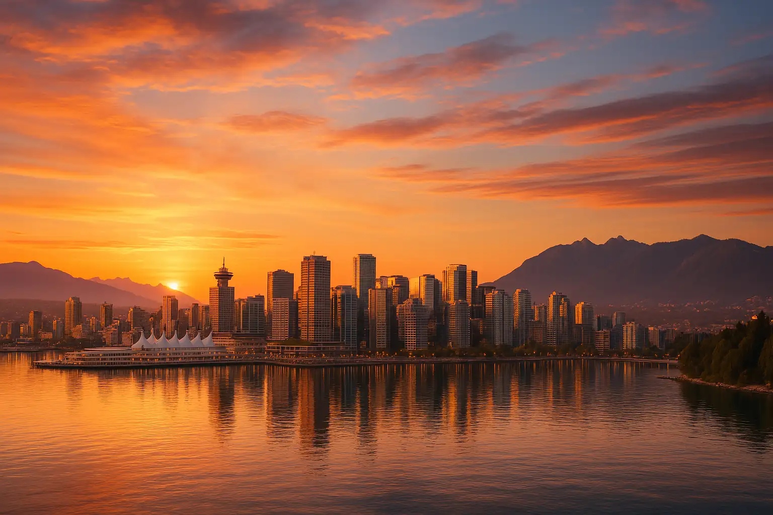 A sunset over Vancouver, BC, featuring the downtown skyline, Burrard Inlet, and the North Shore Mountains glowing in golden-pink light.