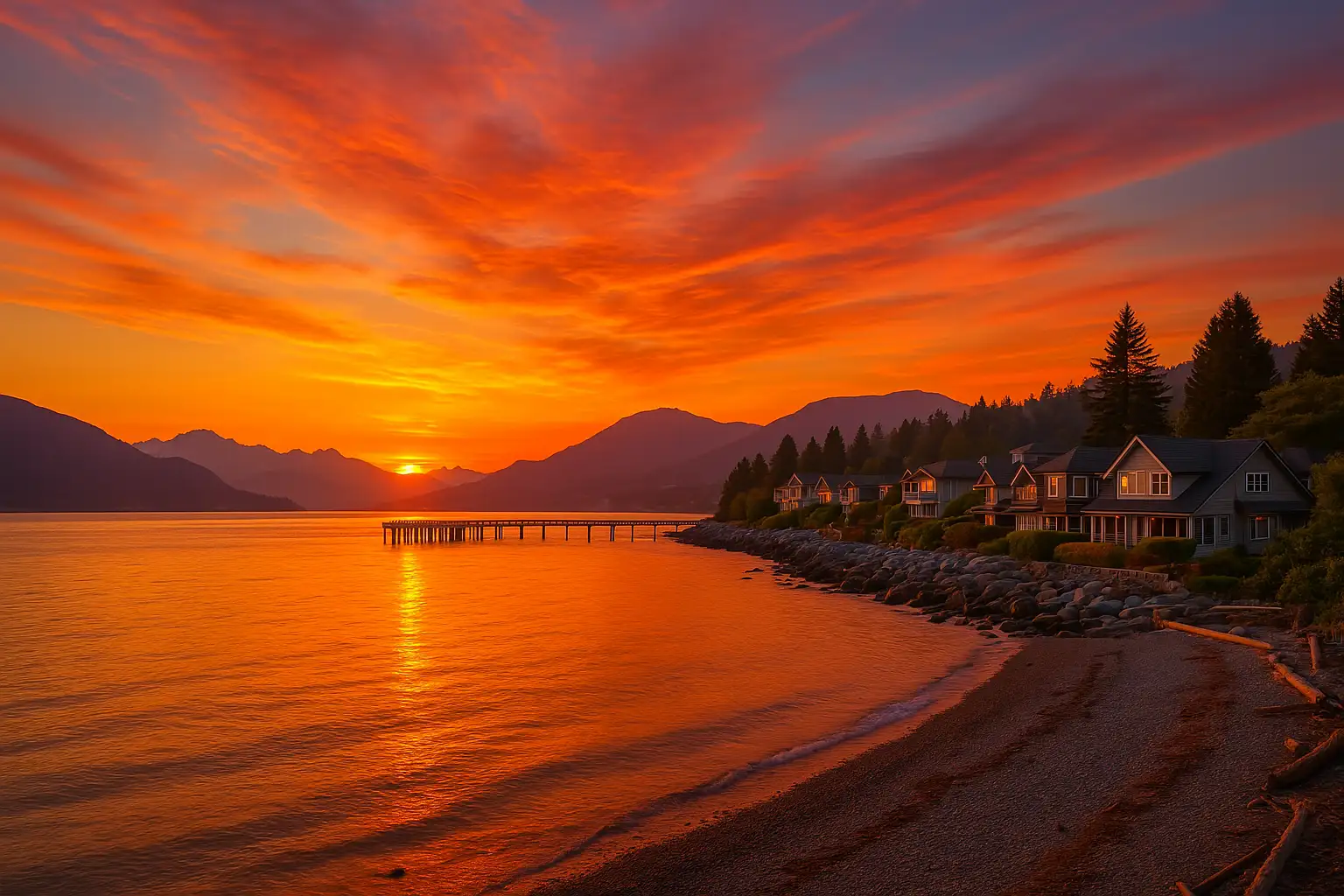 A glowing sunset over West Vancouver, BC, with elegant waterfront homes, calm ocean waters, rugged shoreline, and distant mountains under a warm sky.