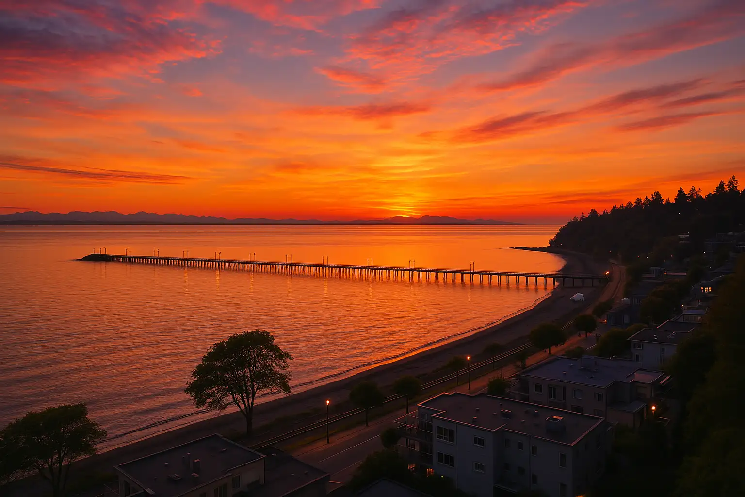 A breathtaking sunset over White Rock, BC, featuring the iconic pier, shimmering ocean, and the famous white boulder on the beach.