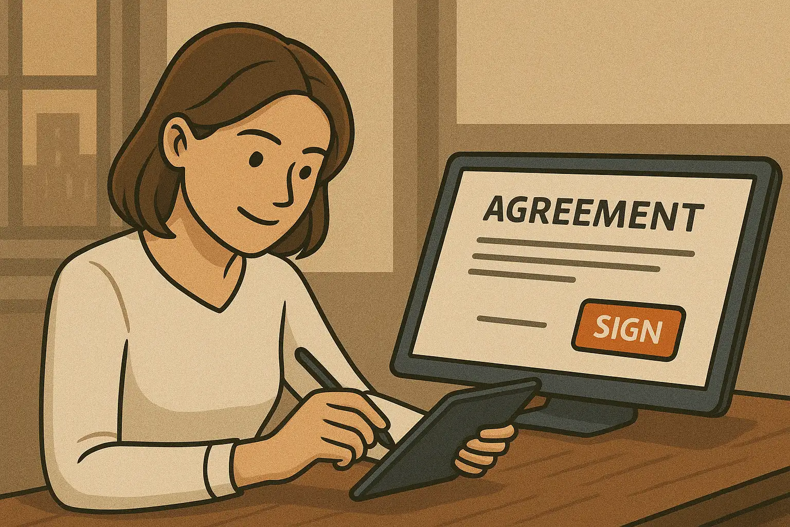 Woman signing her deposit financing agreement digitally on a tablet