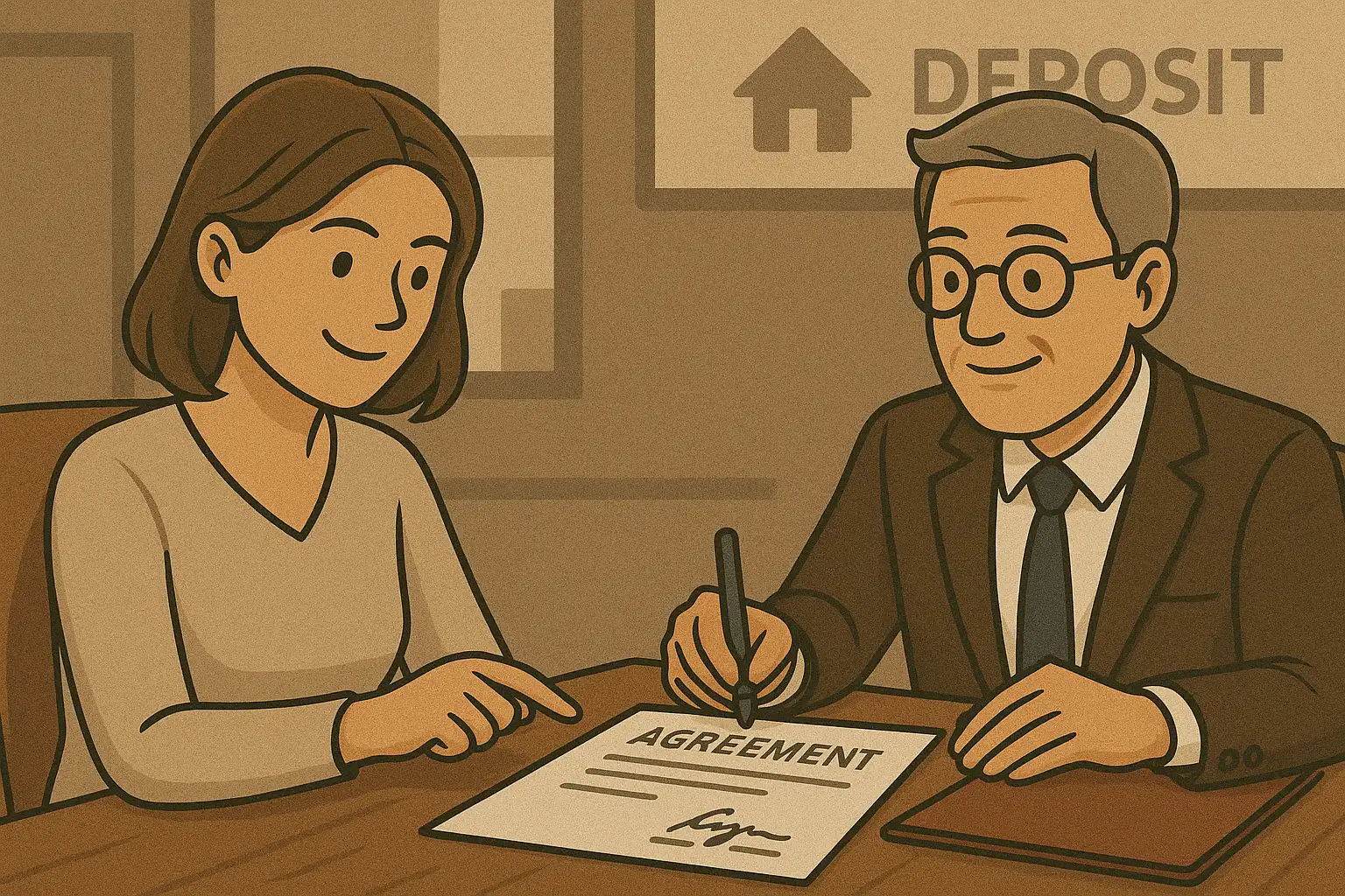Woman reviewing and signing deposit financing agreement with lawyer