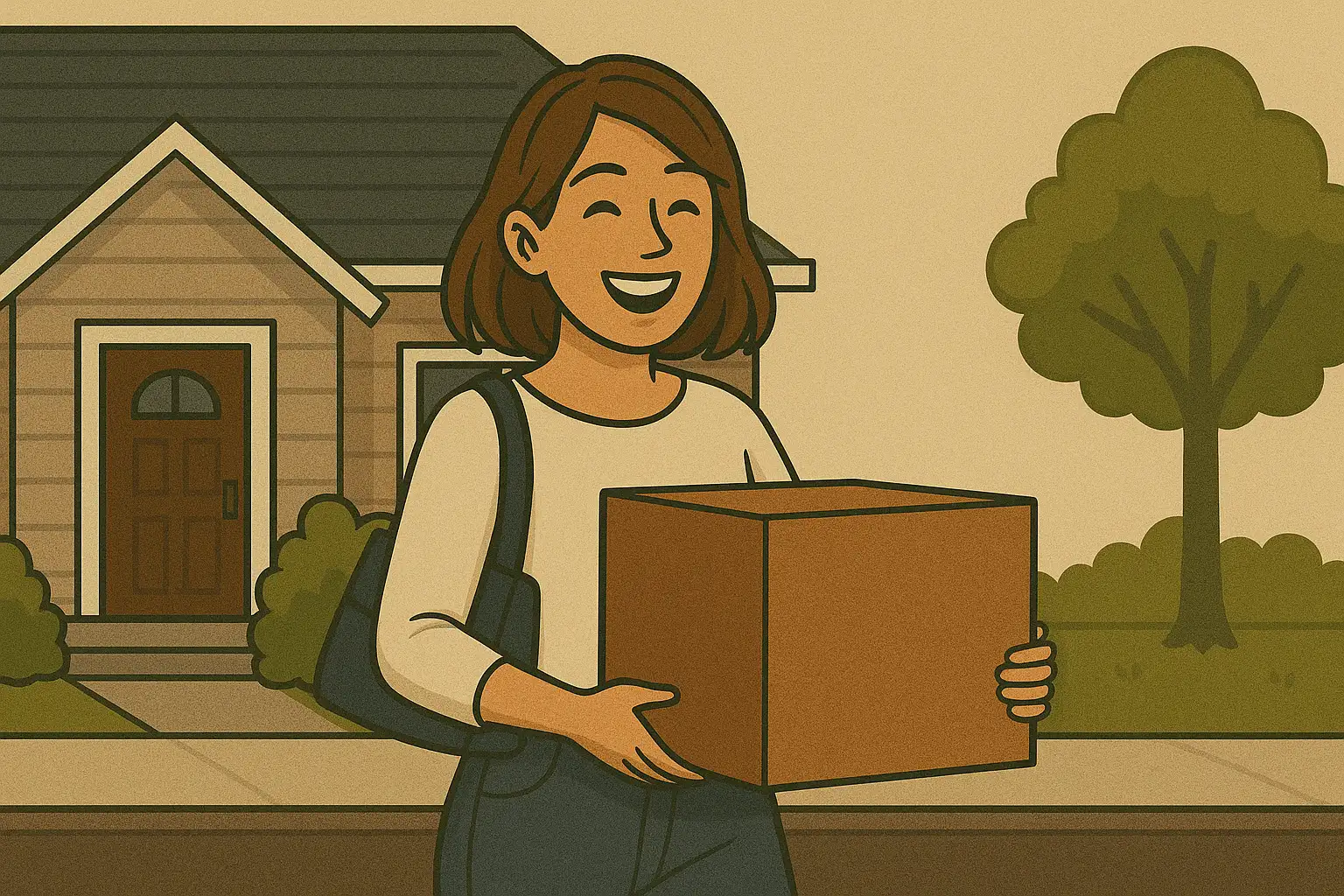 Woman smiling with moving box in front of new home after deposit financing approval