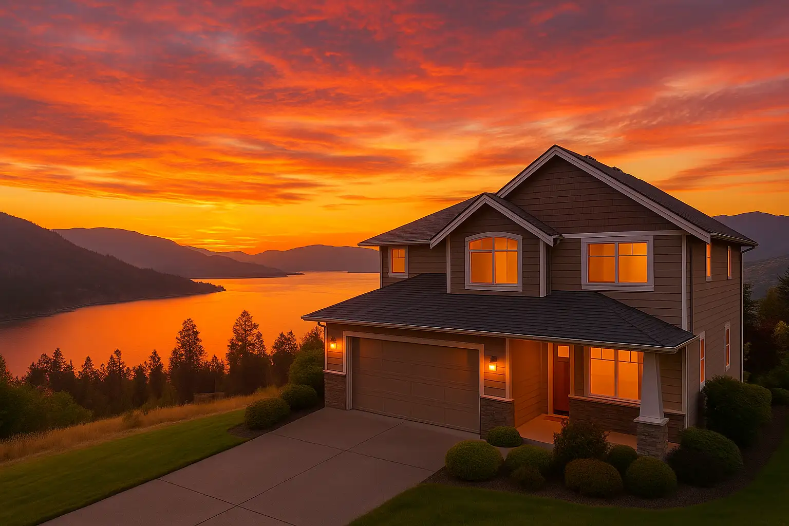 A beautiful home overlooking Okanagan Lake during a vibrant sunset in British Columbia