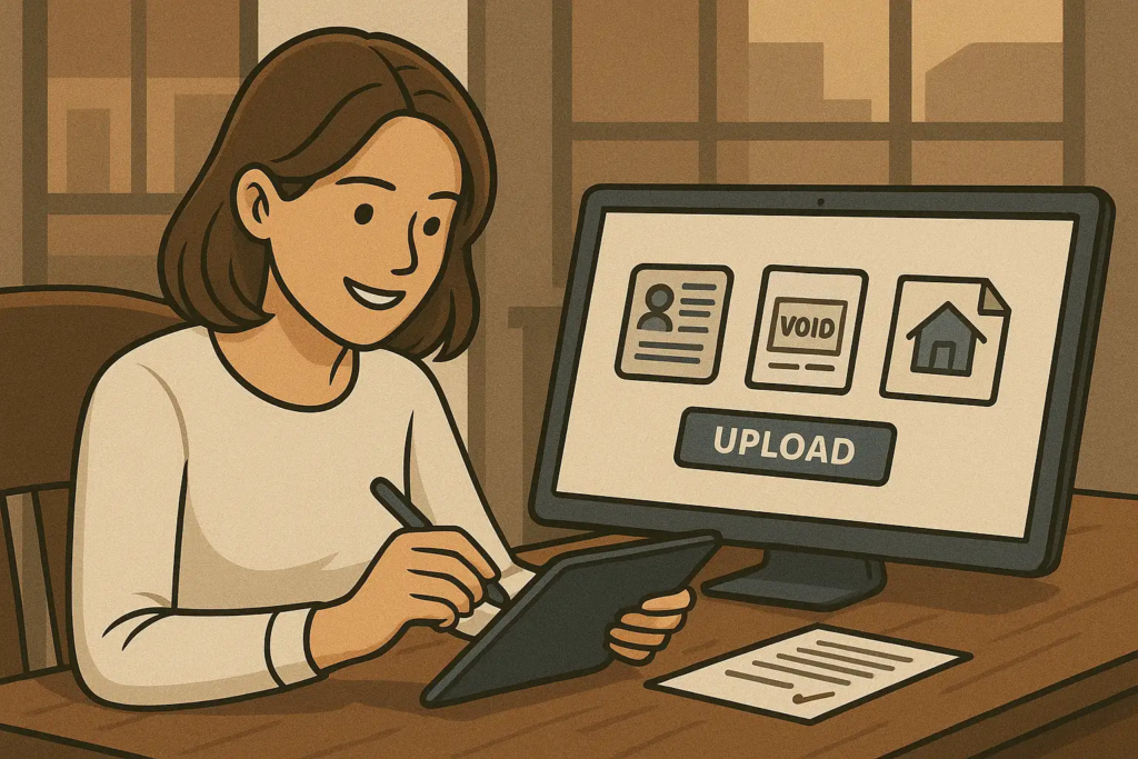 Woman uploading ID, void cheque, and sale agreement for deposit financing application