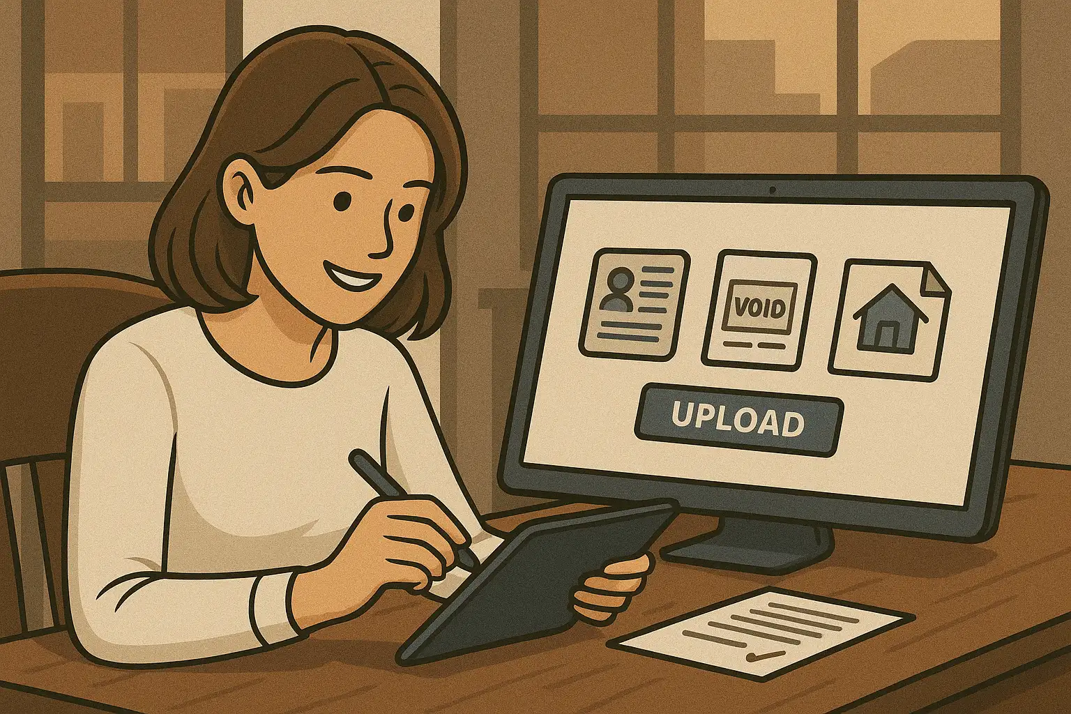 Woman uploading ID, void cheque, and sale agreement for deposit financing application
